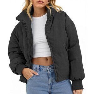 Women's Winter Fashion Black Corduroy Quilted Puffer Jackets Cropped Zip Up Coat